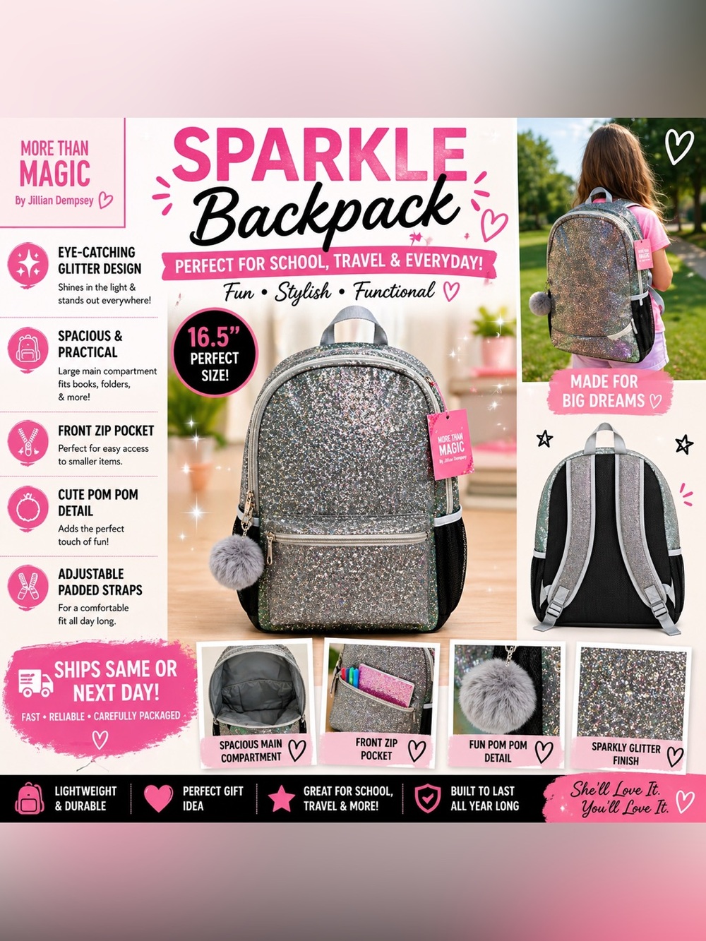 More Than Magic 16.5” Girls Backpack Glitter Sparkle Pom Pom School Bag NWT - Picture 2 of 10